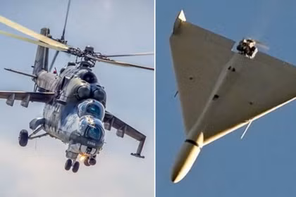 Máy bay trực thăng Mi-24 và máy bay không người lái Shahed-136. Ảnh: MW.