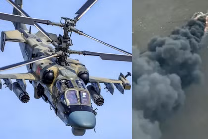 Trực thăng tấn công Ka-52 của Nga và xác chiếc Ka-52 bị rơi. Ảnh: MW.