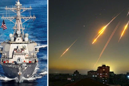 Tàu khu trục lớp Arleigh Burke và cảnh tên lửa Iran dội xuống lãnh thổ Israel. Ảnh: MW.