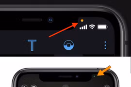 Dấu chấm cam (phía trên) và dấu chấm xanh (bên dưới) iPhone chạy iOS 14.