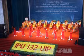 Lễ mít tinh chào mừng thành công của Đại hội đồng liên minh Nghị viện Thế giới lần thứ 132. Ảnh: TTXVN
