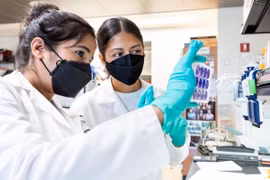 Sonali Chaturvedi (trái) và Daniela Lopez (phải) trong phòng thí nghiệm của Leor Weinberger tại Viện Gladstone. Ảnh: Michael Short / Viện Gladstone