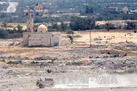 Xe quân sự Ai Cập tuần tra tại khu vực cửa khẩu Rafah, phía nam dải Gaza. Ảnh: AFP/TTXVN
