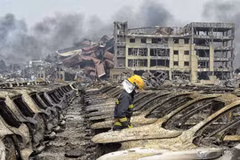 Lính cứu hỏa đi giữa các phương tiện bị phá hủy trong vụ nổ hôm 12/8. Ảnh: Reuters