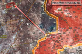 Chiến trường khu vực tỉnh Idlib - Aleppo, cách các thị trấn bị bao vây 37 km. Ảnh Masdar News