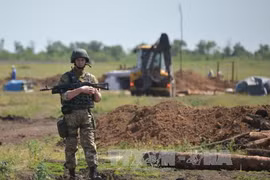 Binh sĩ Ukraine đào hào tại khu vực xung đột gần Artemivsk thuộc Donetsk. Ảnh: AFP/TTXVN