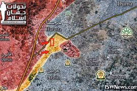 Bản đồ chiến sự khu vực căn cứ thiết giáp ở quận Harasta - Đông Ghouta