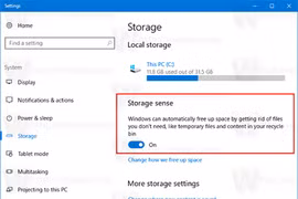Tính năng Storage sense trên Windows 10 Creators có khả năng tự dộng dọn dẹp ổ cứng sau một khoảng thời gian nhất định nhằm tăng dung lượng lưu trữ của thiết bị.