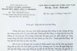 Công văn từ Ủy ban Văn hóa, Giáo dục, Thanh niên, Thiếu niên và Nhi đồng của Quốc hội gửi Hiệp hội Du lịch Đà Nẵng "Về việc Quy hoạch tổng thể phát triển Khu du lịch quốc gia Sơn Trà-Đà Nẵng".