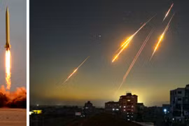 Tên lửa đạn đạo của Iran đang lao xuống Israel (phải) và hình ảnh tên lửa Shahab-3 đang được phóng. Ảnh: MW.