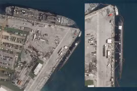 Tàu ngầm nghi là USS Connecticut neo đậu tại đảo Guam (Ảnh: Planet Labs).