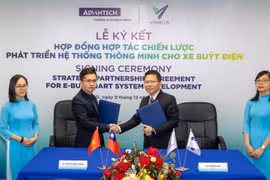Ông Nguyễn Văn Thanh – Phó Tổng giám đốc VinBus (bên trái) và ông Đỗ Đức Hậu – Tổng giám đốc Advantech VN (bên phải) ký Hợp đồng hợp tác chiến lược phát triển hệ thống quản lý điều hành xe buýt thông minh