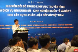 Phó Chủ tịch Hội Truyền thông số Việt Nam, ông Nguyễn Xuân Cường phát biểu tại Hội thảo.