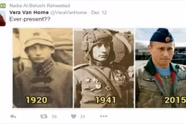 Từ trái sang: Ảnh chụp những người lính Nga năm 1920, 1941 và hình ảnh ông Putin năm 2015 - Ảnh: Twitter