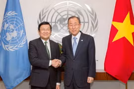 Chủ tịch nước Trương Tấn Sang hội kiến với Tổng Thư ký Liên hợp quốc Ban Ki Moon nhân chuyến dự Hội nghị thượng đỉnh Liên Hợp Quốc.- Ảnh: U.N