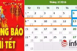 Lịch nghỉ Tết Nguyên đán 2016 chính thức (ô màu xanh là ngày nghỉ hằng tuần, ô màu cam là các ngày nghỉ Lễ)