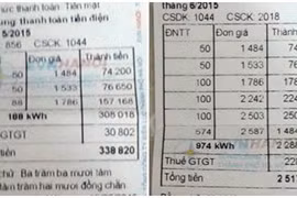 Hoá đơn điện tăng từ hơn 300.000 đồng lên hơn 2,5 triệu đồng.