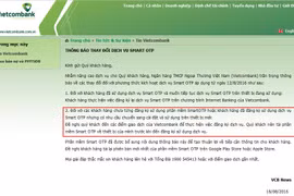 Thông báo trên website của Vietcombank