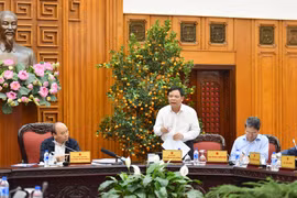 Bộ trưởng Bộ Nông nghiệp và Phát triển Nông thôn Nguyễn Xuân Cường báo cáo với Thủ tướng về tình hình giá gạo giảm.