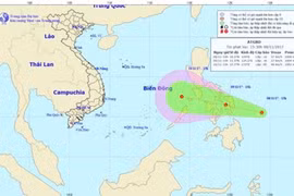Theo dự báo, đến 13 giờ ngày 9.11, vị trí trung tâm vùng áp thấp ở vào khoảng 11,5 độ Vĩ Bắc; 124,5 độ Kinh Đông, trên khu vực miền Trung Philippines. Ảnh: NCHMF