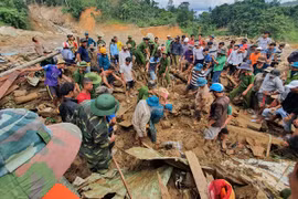 Lực lượng cứu hộ các nạn nhân bị vùi lấp trong vụ sạt lở tại thôn 1 xã Trà Leng, huyện Nam Trà My, tỉnh Quảng Nam
