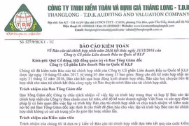 BCTC năm 2016 được kiểm toán bởi Cty Kiểm toán và Định giá Thăng Long – TDK của KLF là không hợp lệ.