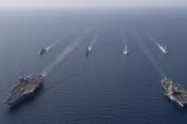 Chiến hạm Mỹ, Pháp, Đan Mạch tuần tra chung trên biển vào tháng 4/2019 (Ảnh: US Navy)