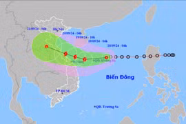 Dự báo hướng và thời gian di chuyển của áp thấp nhiệt đới. Ảnh: Trung tâm Dự báo khí tượng thủy văn quốc gia.