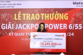 Chị T. trong lễ trao thưởng. Ảnh: Vietlott