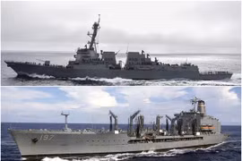 Hai tàu USS Stockdale, DDG-106 (trên) và USNS Pecos, T-AO-197 (dưới) đã đi xuyên eo biển Đài Loan hôm 28.11