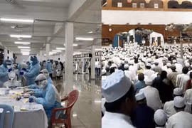 Quang cảnh buổi diễn ra nghi lễ truyền giáo (phải) và các nhân viên phòng dịch lấy mẫu xét nghiệm các tín đồ tham dự (Ảnh: Sinchew).