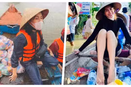 Thuỷ Tiên tuyên bố tiền cứu trợ bão lũ đã tăng lên 150 tỉ đồng (Ảnh: FBNV, Hoà Bình ghép) 