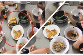 Bữa trưa bán trú của học sinh Trường Tiểu học Trần Thị Bưởi bị phản ứng dữ dội vì quá ít dinh dưỡng và nhiều thực phẩm không đảm bảo an toàn đã được nhập vào bếp ăn (Ảnh: HB ghép)
