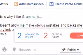Grammarly sửa lỗi chính tả khi người dùng post tin trên mạng xã hội Facebook