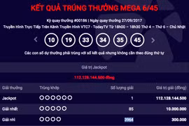 Chiếc vé độc đắc trúng hơn 112 tỷ đồng được xác định trong kỳ quay ngày 27/9. Ảnh chụp màn hình: Vietlott.