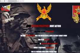 Giao diện của một website bị nhóm 1937cn tấn công cuối tháng 5/2015 với thông điệp liên quan đến xung đột trên Biển Đông giữa Trung Quốc và các nước ASEAN như Việt Nam, Philippines... (Nguổn ảnh: Whitehat.vn) 