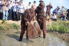 Khách Tây thích thú làm nông dân Việt