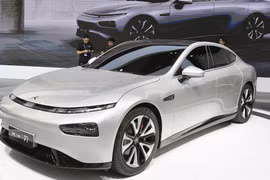 Xe điện Xpeng P7 trưng bày tại Auto Shanghai 2019. Ảnh CGTN