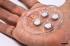 Miếng dán siêu âm cho phép vận chuyển thuốc qua da. Ảnh MIT.