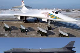 TU-160 (ở trên) có khả năng mang theo 12 tên lửa hành trình tấn công mặt đất tầm siêu xa Kh-55SM. B-1B Lancer (ở dưới) có thể mang theo 24 đạn tấn công ngoài tầm phòng không điểm AGM-158 JASSM.