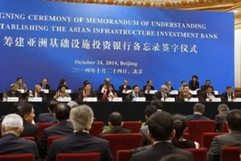 Lễ ký kết thành lập AIIB tại Bắc Kinh hôm 24/10/2014. Ảnh: Reuters
