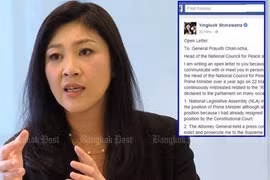 Bà Yingluck Shinawatra và thư ngỏ trên trang Facebook cá nhân của bà. Nguồn: Bangkok Post