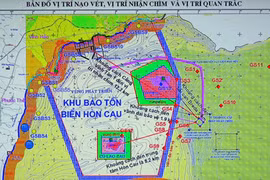 Bản đồ vị trí nhận chìm bùn xuống biển cách tâm Khu bảo tồn Hòn Cau 8 km và cách vành đai bảo vệ khu bảo tồn này 2 km. Ảnh: Tư Huynh.