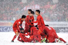 Cầu thủ U23 Việt Nam ăn mừng bàn thắng trong trận Chung kết U23 Châu Á.