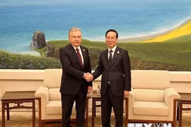 Chủ tịch nước Võ Văn Thưởng và Tổng thống Cộng hòa Uzbekistan Shavkat Mirziyoyev trong cuộc gặp tại Bắc Kinh (Trung Quốc) ngày 17/10/2023. (Ảnh: TTXVN phát)