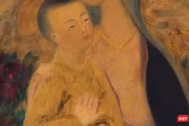 Một góc của bức tranh đề tên danh họa Lê Phổ gây tranh cãi khi em bé có hai ngón tay cái đang được rao bán trên Sotheby's 