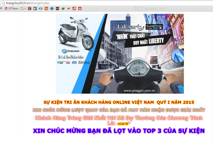 website lừa đảo dụ nạn nhân bằng những hình "giải thưởng ảo" bắt mắt.
