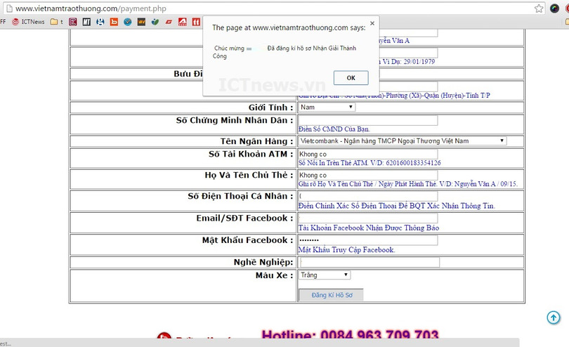 Kẻ lừa đảo dụ người dùng nhập các thông tin cá nhân nhạy cảm như số CMTND, số TK ATM, tài khoản Facebook...