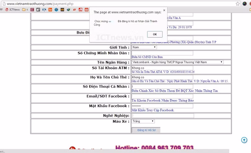 Kẻ lừa đảo dụ người dùng nhập các thông tin cá nhân nhạy cảm như số CMTND, số TK ATM, tài khoản Facebook...