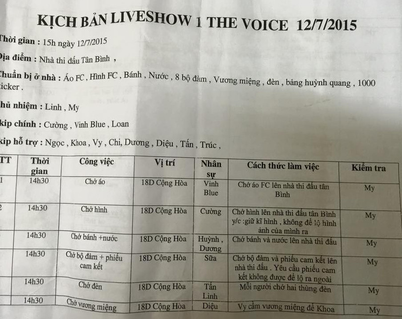 Tờ giấy được dân mạng truyền tay nhau về kế hoạch cổ vũ cho Đàm Vĩnh Hưng tại The Voice.